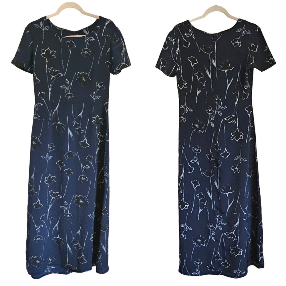 vintage t-shirt maxi dress watercolor floral crinkle chiffon size Medium blue